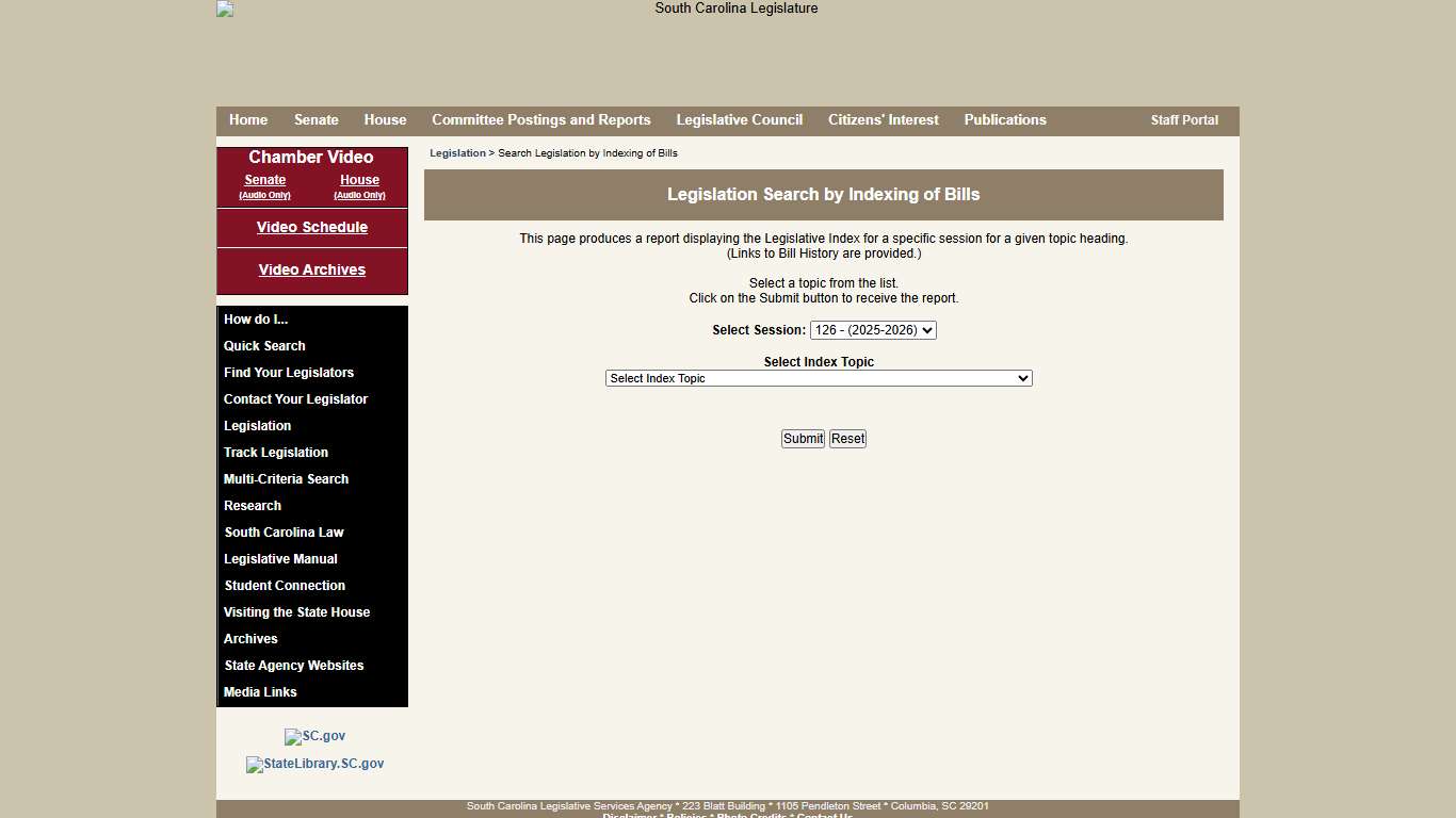 South Carolina Legislature Online - Legislation Search by Indexing of Bills